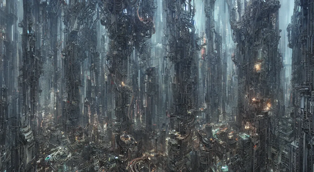 Prompt: cyberpunk bangkok, biomechanical cityscape, by zdzislaw beksinski, by josip csoor, hr giger, aesthetic, masterpiece, photorealistic, volumetric lighting, horror, detailed, intricate, recursive, raytrace, octane, cgscociety,