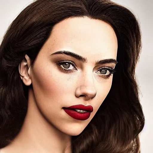 Image similar to a woman who is a genetic combination of kim kardashian and kat dennings and scarlett johansson and margot robbie and emma watson, face and upper - body focus