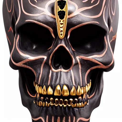 Image similar to opened mouth panther skull with gold teeth and gems inlaid skull, matte black, rose gold, amethyst, high coloration, ambient lightning, ultra wide lens, focused, highly detailed, 8 k