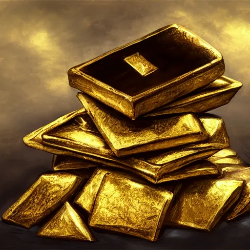 Prompt: a pile of golden ingots, fantasy art, trending on art station, highly detailed, hyper realism, art,