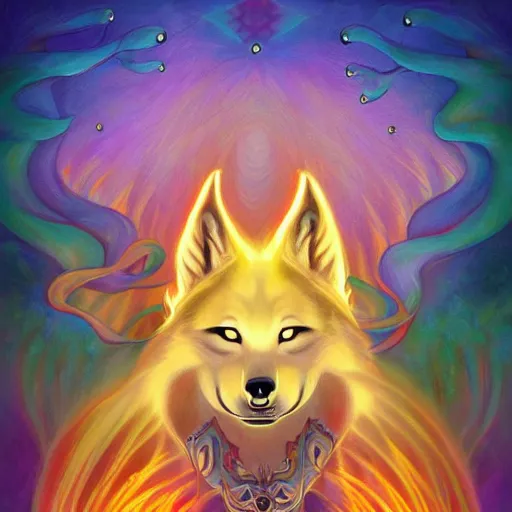 Image similar to enlightened royal wolf MICHAEL DIVINE and by AMANDA SAGE , trending on artstation, cartoon, adventure time style