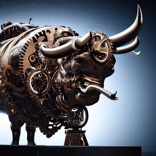 Prompt: a clockwork mechanical bull there are gears sticking out of the bull steam emanates from the bull and thick clouds of steam swirl around the bull, ultra high detail, high particle effects, highly reflective surface, realistic reflections