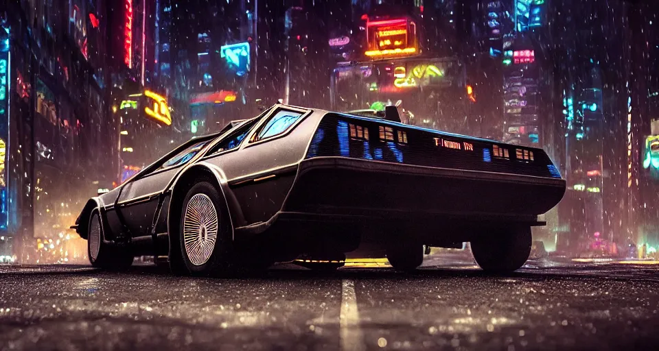 Image similar to a 2 8 mm closeup photo of a tela tron neon delorean back to the future car on wet city street at night, intricate, hyper detailed, smooth, high contrast, neon, volumetric lighting, octane, moebius, greg rutkowski, blade runner, ripley scott, mad max, cindmatic