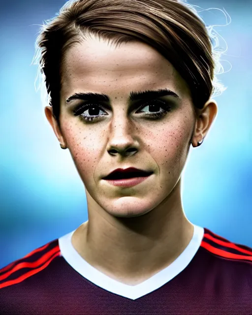 Image similar to a portrait of emma watson as a lokomotiv football player, hyper realistic