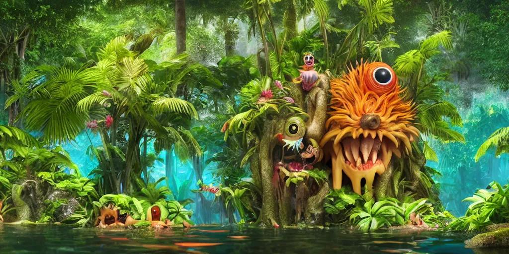 Prompt: of a tropical rainforest lake with strange cute friendly happy creatures with huge eyes, mouth, long tongue, round teeth and goofy face, appearing from the water, in the style of gehry and gaudi, macro lens, shallow depth of field, ultra detailed, digital painting, trending artstation, concept art, illustration, cinematic lighting, photorealism, epic, octane render