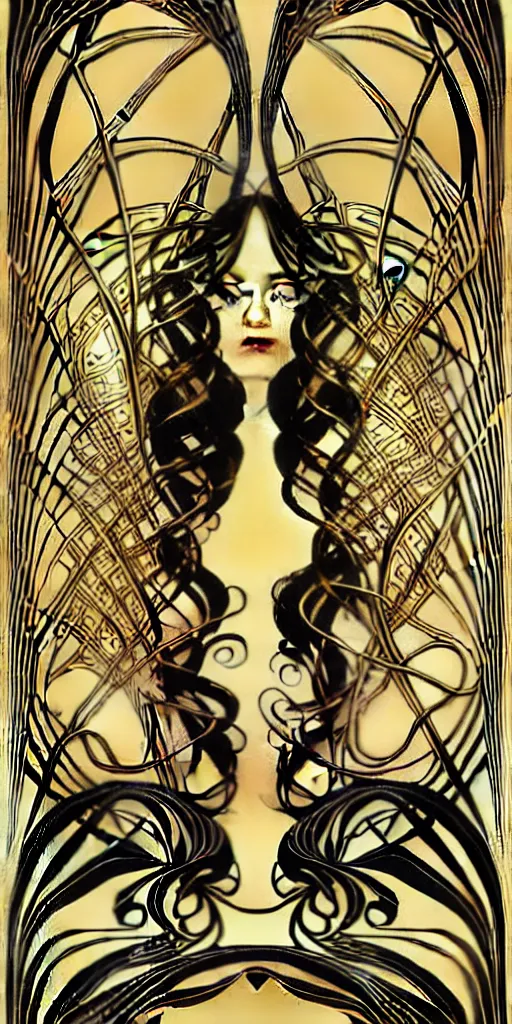 Image similar to the source of future growth dramatic, elaborate emotive Art Nouveau styles to emphasise beauty as a transcendental, seamless pattern, symmetrical, large motifs, hyper realistic, 8k image, 3D, supersharp, Flying shiny silk fabric in Art nouveau curves spirals and swirls, iridescent and black and gold colors , perfect symmetry, iridescent, High Definition, sci-fi, Octane render in Maya and Houdini, light, shadows, reflections, photorealistic, masterpiece, smooth gradients, no blur, sharp focus, photorealistic, insanely detailed and intricate, cinematic lighting, Octane render, epic scene, 8K