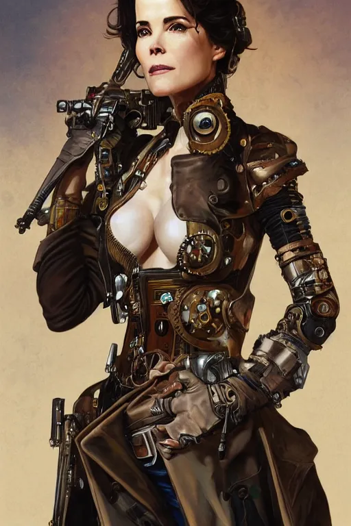 Prompt: parker posey as a steampunk cyborg gunslinger, portrait, western, duster, fantasy, intricate, elegant, highly detailed, digital painting, artstation, concept art, sharp focus, illustration, art by artgerm and greg rutkowski and alphonse mucha