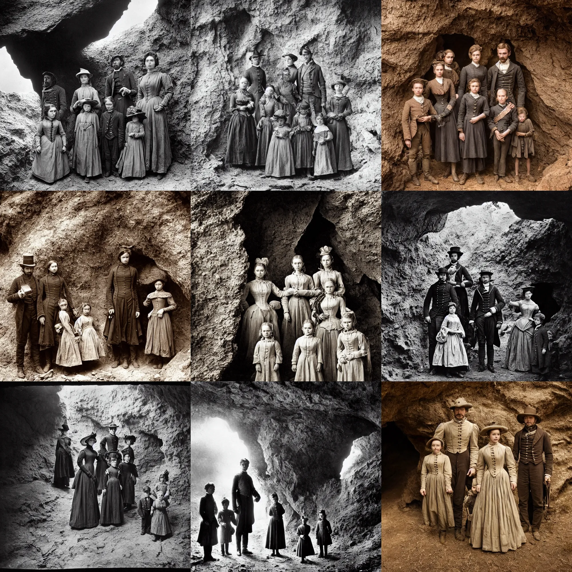 Prompt: sharp, highly detailed, film from a sci fi 1 6 k movie, set in 1 8 6 0, family standing outside a cave on a strange alien planet, looking happy, wearing 1 8 5 0 s era clothes, atmospheric lighting, in focus, reflective eyes, 3 5 mm macro lens, live action, nice composition, good photography