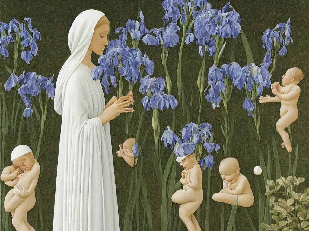 Prompt: Woman dressed in white with six babies. Iris flower in a vase, garden outside with Cypresses. Painting by Alex Colville, Fra Angelico.