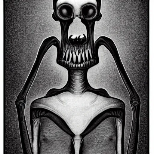 Prompt: humanoid with crooked teeth, two shallow black eyes, long open black mouth, alien looking, big forehead, horrifying, killer, creepy, sepia tint, long open black mouth, dead, looking straight into camera, realistic, slightly red, long neck, boney, monster, tall, skinny, skullish, deathly, in the style of alfred kubin