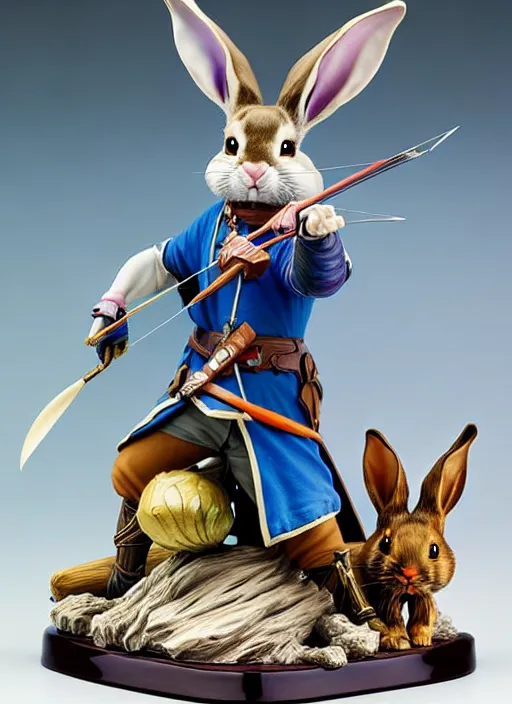 Image similar to a porcelain figurine of a heroic rabbit crossbowman, redwall, lisa frank and greg rutowski and jean baptiste monge, very detailed, epic fantasy concept art