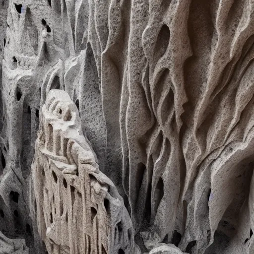 Prompt: detailed photo, cathedrals of carved stone in a canyon grotto, shiny layered geological strata,ground mist swirling vortexes,granular detail, by Sparth and Greg Rutkowski, hypermaximalist,micro details, 3d sculpture,f32,deep depth of field,cinematic lighting,digital rendering,photographic, wide angle,octane render , 4k, artstation, concept art ,