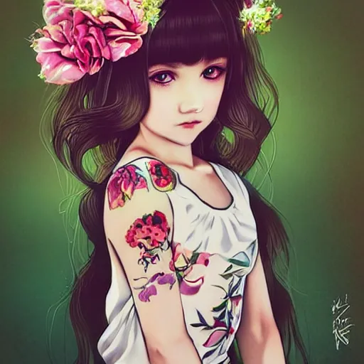 Image similar to tattooed little girl with flowers in hair wearing an white dress. art by ilya kuvshinov, profile picture, inspired in hirohiko araki, highly detailed, 8 0 s anime art style, realistic, vogue cover