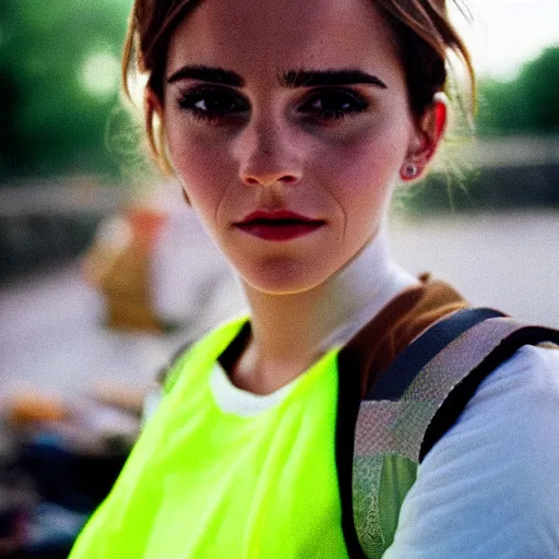 Image similar to photo, close up, emma watson in a hi vis vest, chewing tobacco, bulging lower lip, portrait, kodak gold 2 0 0,