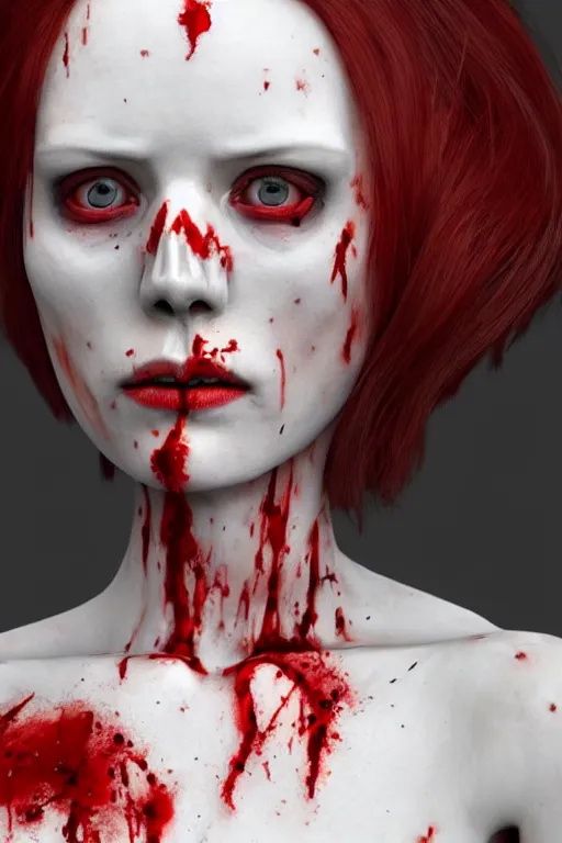 Image similar to pale woman skeleton covered with blood, rolyatistaylor face!!!, red hair, ultra realistic, concept art, intricate details, highly detailed, 4 5 mm. photorealistic, octane render, 8 k, unreal engine. film still, heavy grain, 3 5 mm, art by artgerm and greg rutkowski and alphonse mucha