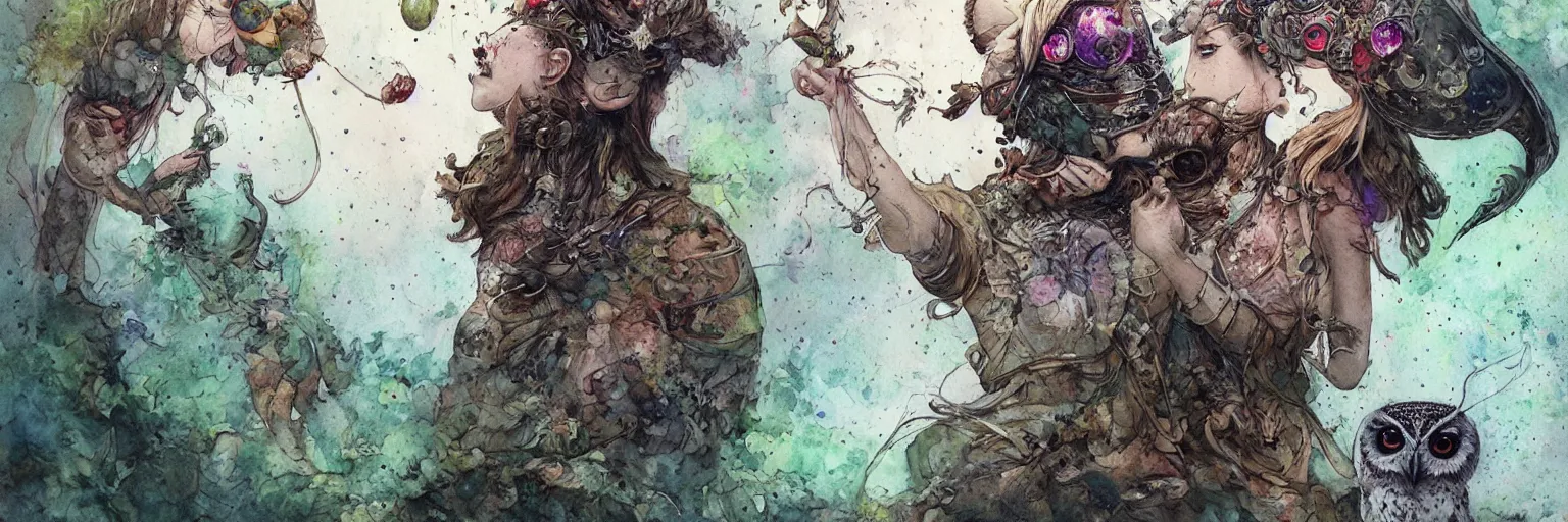 Image similar to plant based warrior monk wearing augmented reality visor and seductive owl sorceress fighting side by side by Jean-Baptiste Monge, post processing, painterly, book illustration watercolor granular splatter dripping paper texture. Trending on artstation, post processing, pen and ink work. sharp focus.