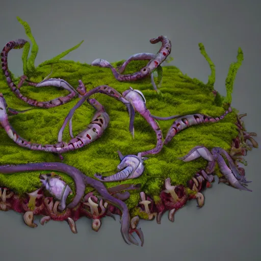 Prompt: voidless of the festival!, The Graveyard, blood moon tentacles!!, large group of crabs and worms, crawling along a bed of moss, low poly, creeper world, handcrafted, artstation, hyperrealistic, hard light, best practices, creeptastic, photorealism, macro perspective, cuddly