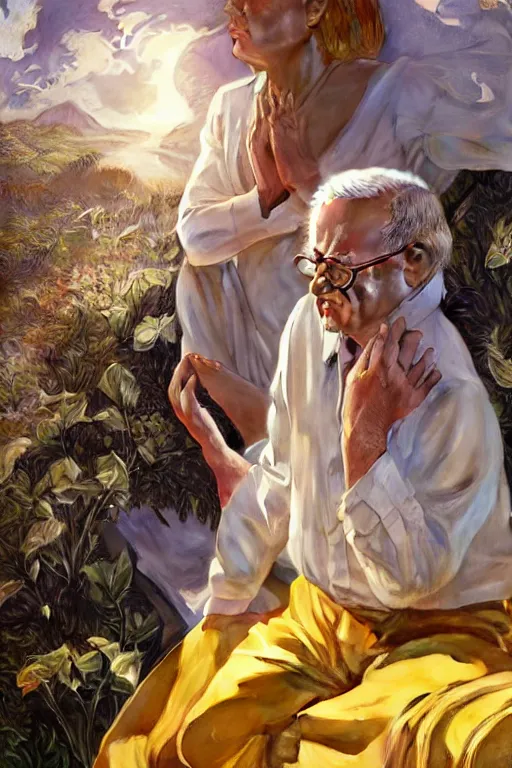 Image similar to warren buffet godly clothes meditating in the sun, yellow lighting ultra realistic photorealistic highly detailed high quality, a stunningly, digital painting, artstation, concept art, smooth, sharp focus, illustration, art by artgerm and greg rutkowski and alphonse mucha 8 k