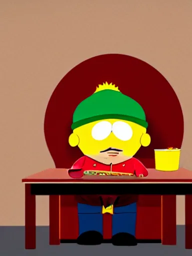 Image similar to highly detailed portrait of scarface as cartman from south park, holding a bucket of kfc, a line of gravy on the desk in front of him, global illumination, flat light, detailed and intricate environment