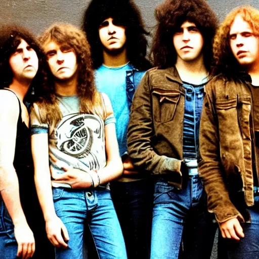 Prompt: group of 1 9 - year - old boys and girls with shaggy wavy hair, wearing double denim, proto - metal band promo, heavy rock band promo photo, early heavy metal, 1 9 7 5 photo