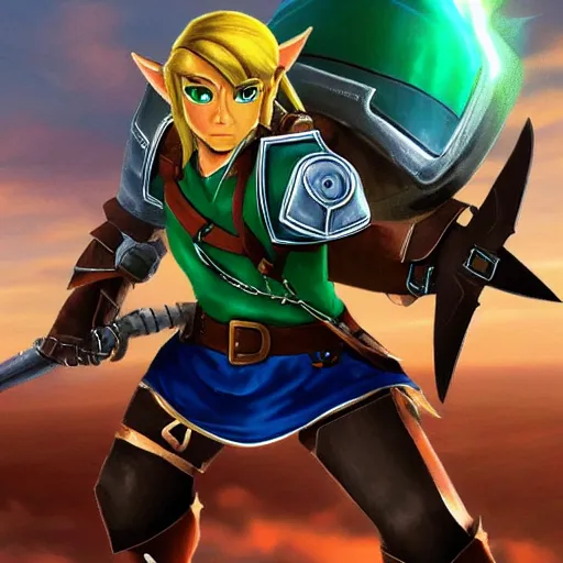 Prompt: link from zelda as a cyborg warrior robot