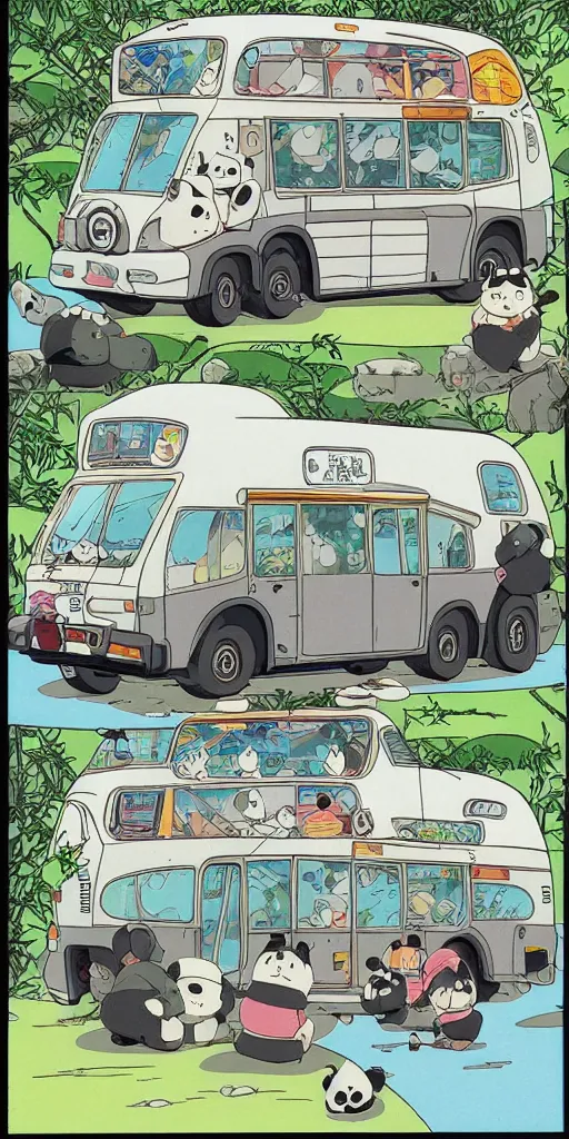 Image similar to a panda bus in like totoro, 1990s anime, full color, tarot card the chariot, highly detailed ,