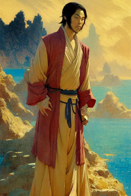 Prompt: tales of earthsea, tang dynasty, attractive male, character design, painting by gaston bussiere, craig mullins, j. c. leyendecker, tom of finland