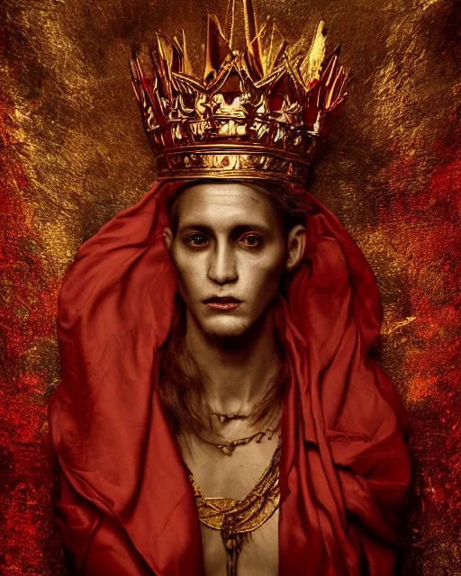 Image similar to 'Portrait of Crowned King Arthur' by Lee Jeffries royally decorated, whirling plasma, atmospheric motes, red and gold Sumptuous garb, gilt silk fabric, radiant colors, fantasy, perfect lighting, studio lit, micro details,