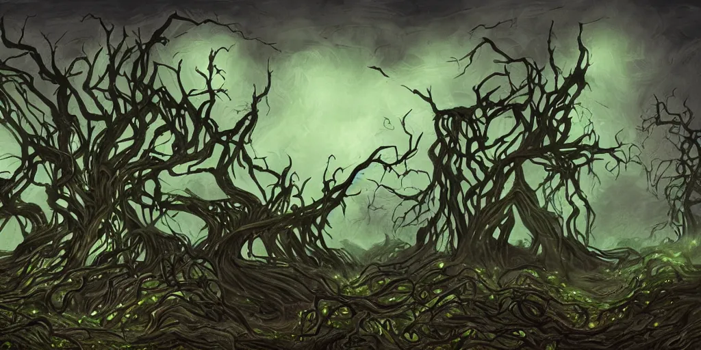 Image similar to a landcsape corrupted by a dark vine with numerous big thorns, painted in a surreal dark fantasy style