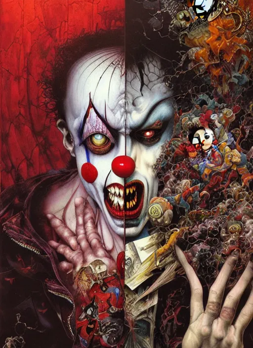 Prompt: realistic detailed image of a clown-vampire in an old soviet apartment by Ayami Kojima, Amano, Karol Bak, Greg Hildebrandt, and Mark Brooks, Neo-Gothic, gothic, rich deep colors. Beksinski painting, part by Adrian Ghenie and Gerhard Richter. art by Takato Yamamoto. masterpiece. realistic detailed image