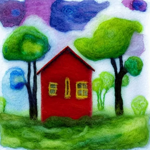 Prompt: small wooden house in the middle of spring forest, bright colours, watercolor painting, volumetric wool felting