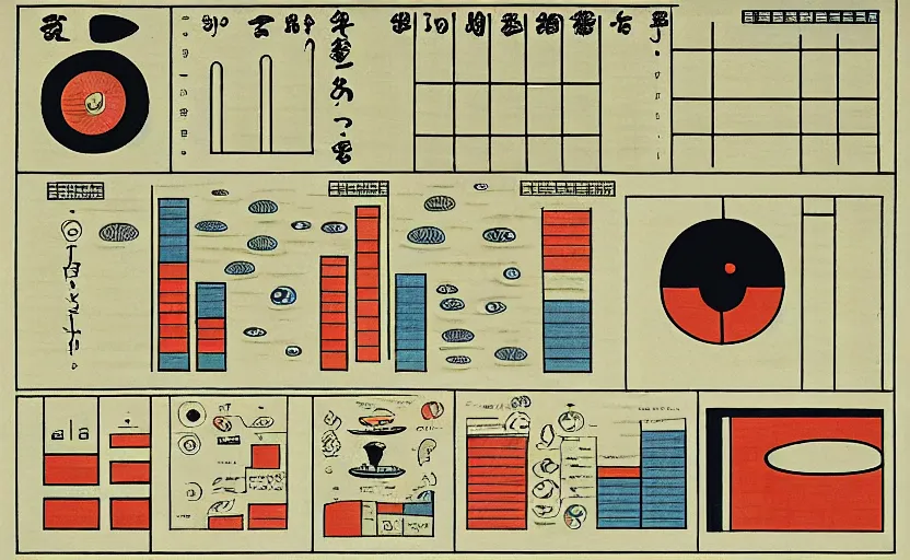 Image similar to business dashboard with time series charts, pie plots and other modern graphics, with small creatures with many eyes. diego rivera ( with slight ukiyo - e influence ). ravi supa.