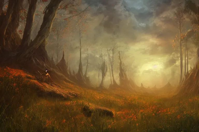 Image similar to sunset lighting ominous shadows, cinematic fantasy painting, dungeons and dragons, an ashigaru feudal armored anthropomorphic brian froud mouse looks over an autumn forest clearing of wildflowers glade jessica rossier and brian froud