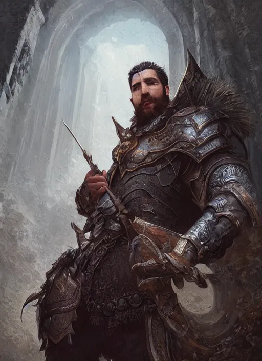 Prompt: realistic portrait painting of a male fantasy paladin brute, old mystic ruins, afternoon, intricate, elegant, highly detailed, digital painting, sharp, focus, by artgerm and greg rutkowski