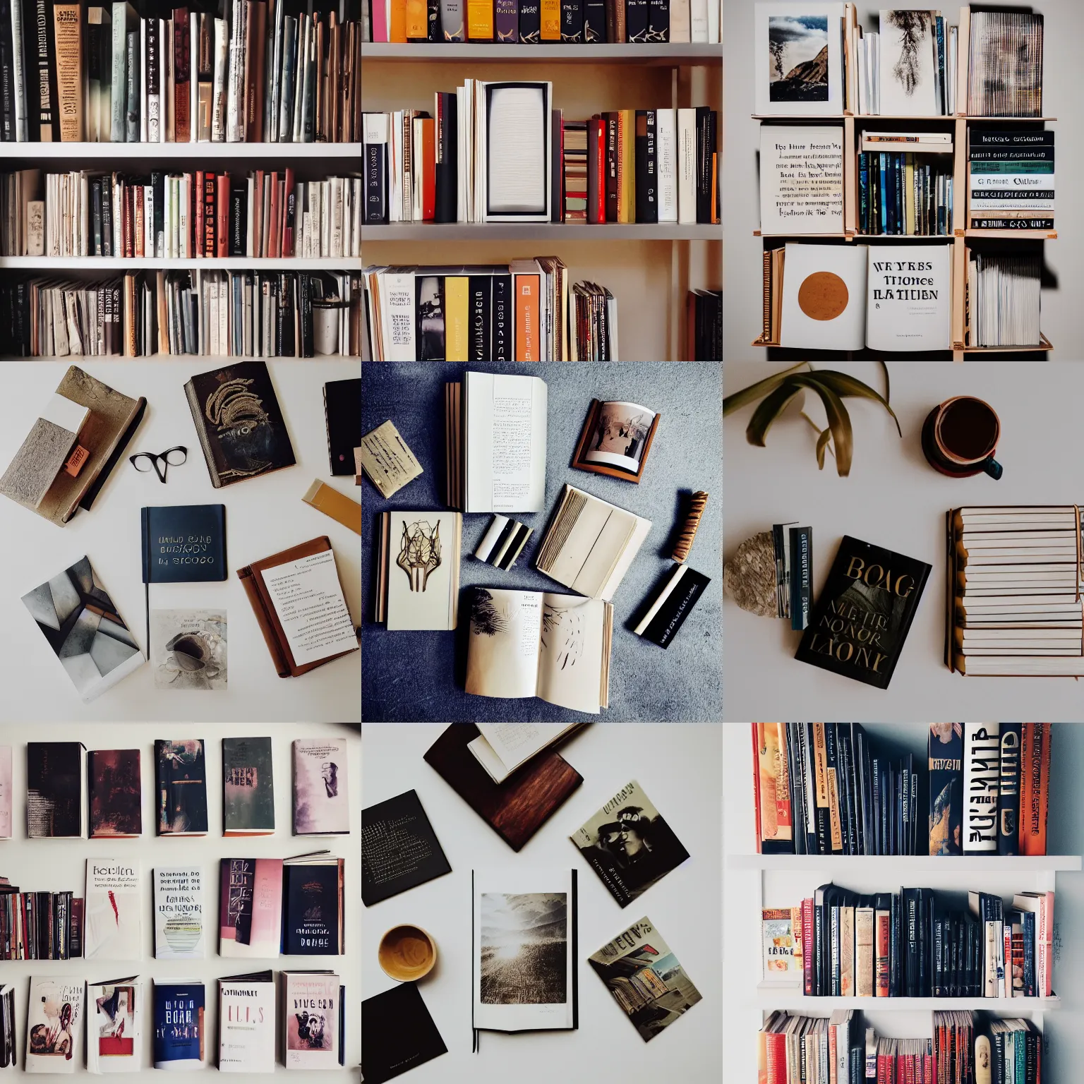Prompt: flatlay book collection, minimalist aesthetic, dramatic lighting