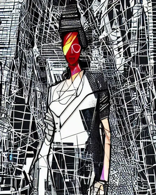 Prompt: cypherpunk fashion illustration, city street background with high tall buildings, abstract portrait highly detailed, finely detailed