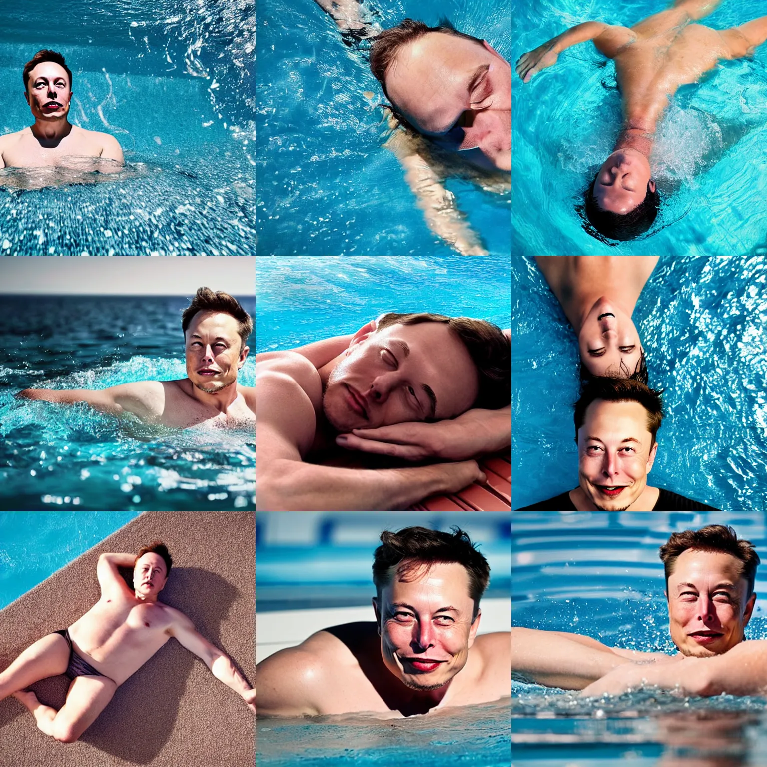 Prompt: Elon musk laying on water matress, swimming in the sea and chilling, beatiful weather, shot from camera, hyper realistic professional photo, ultra hd