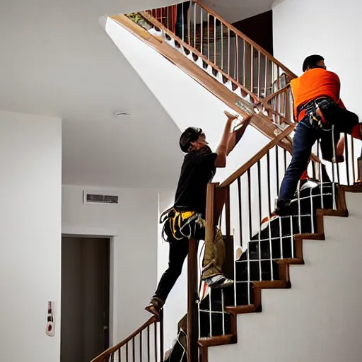 Image similar to A climbing expedition climbing the stairs of a regular apartment building. They are using ropes, pickaxes and other professional climbing gear in order to climb the stairs. Photograph, f/8, room lighting, indoor