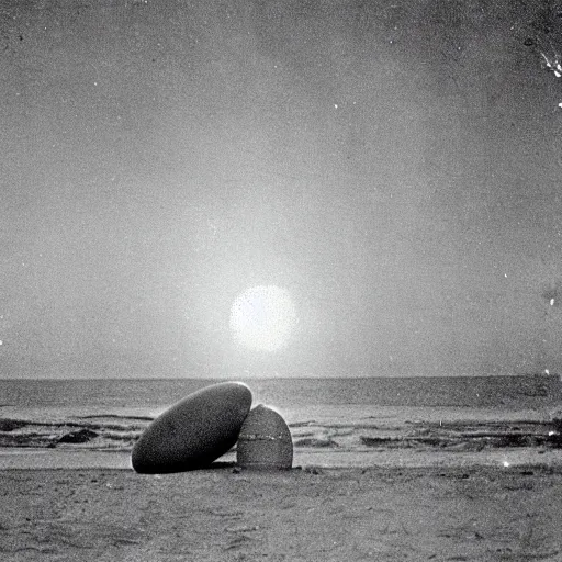 Image similar to an early 1 9 0 0 s photograph of an alien egg on the beach, moonlight, at nighttime,