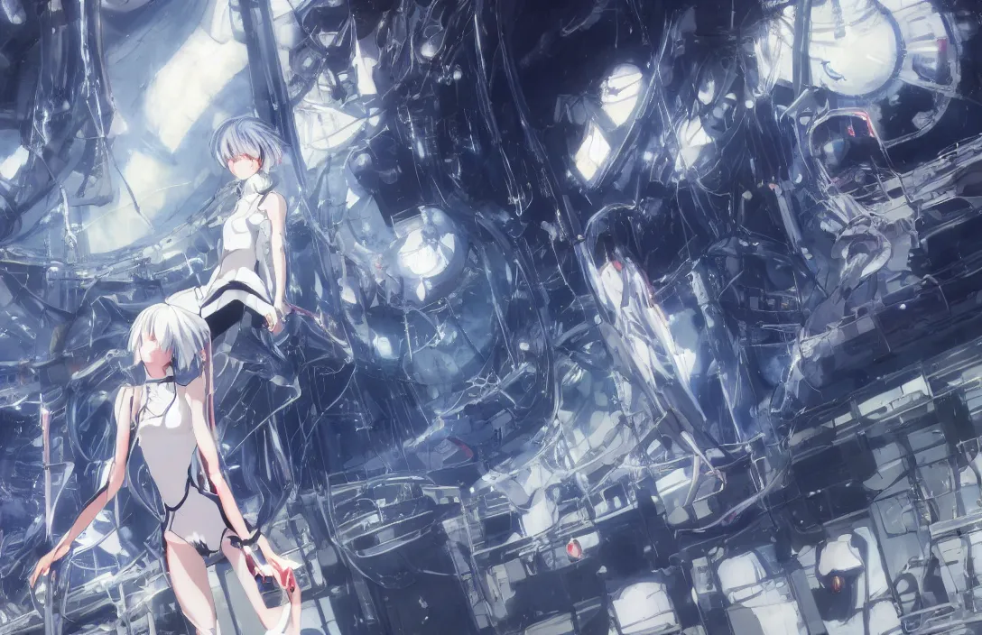 Image similar to Rei Ayanami, female anime character, technological rings, inside a space station, shot from the ground by Yoshiyuki Sadamoto, environment concept, digital art, trending on artstation, low level, 8K UHD image, octane render, Howl's Moving Castle, tranquil divine observer Nymph by ismail inceoglu nicola samori dragan bibin hans thoma greg rutkowski Alexandros Pyromallis Nekro Rene Margitte illustrated, official anime key media, hyper realistic vfx simulation, intricately detailed