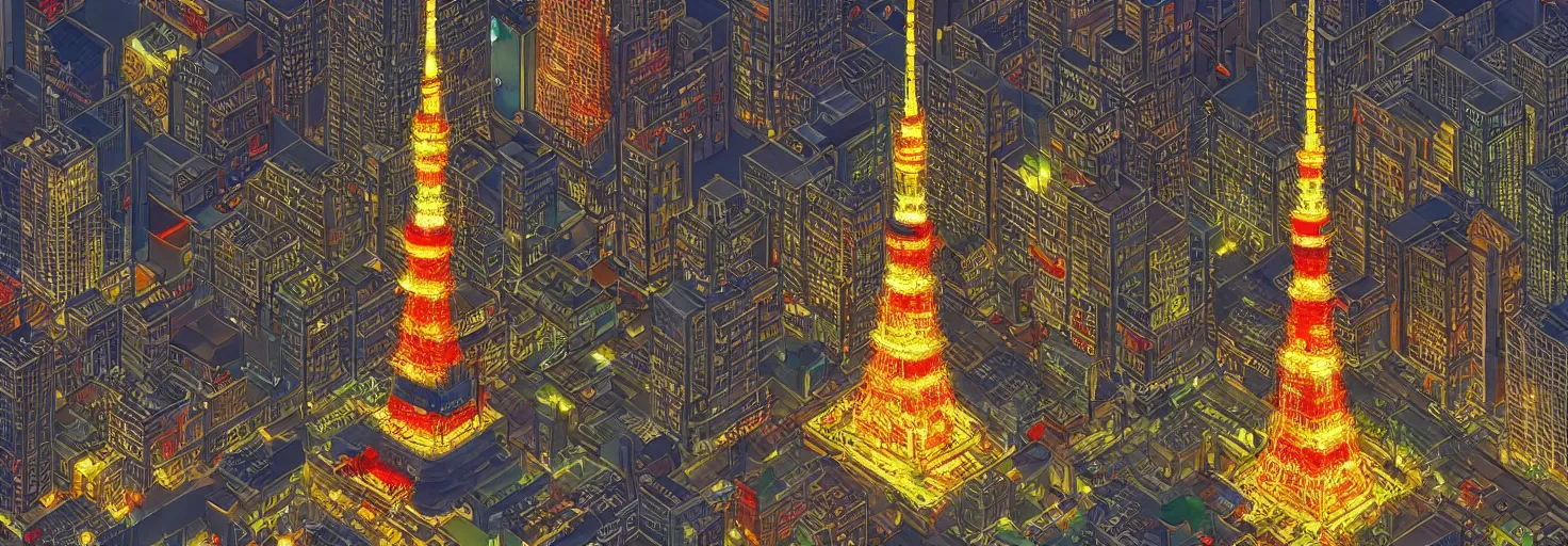 Prompt: view of a pixelart of tokyo tower, very detailed citycape at night, realistic, imaginfx, artstation, ukiuo-e and studio ghilbi style, /r/pixelart,