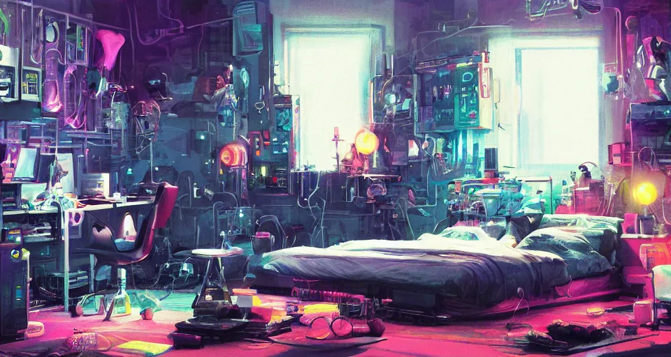 Prompt: IKEA catalogue photo of a cyberpunk bedroom, someone sitting on the bed wearing headphones and waving, by Paul Lehr