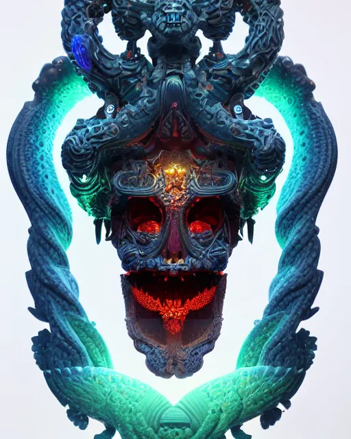 Image similar to 3 d ornate carved dark cosmic king with profile portrait, sigma 5 0 0 mm f / 5. beautiful intricate highly detailed quetzalcoatl skull. bioluminescent, plasma, lava, ice, water, wind, creature, thunderstorm! artwork by tooth wu and wlop and beeple and greg rutkowski, 8 k trending on artstation