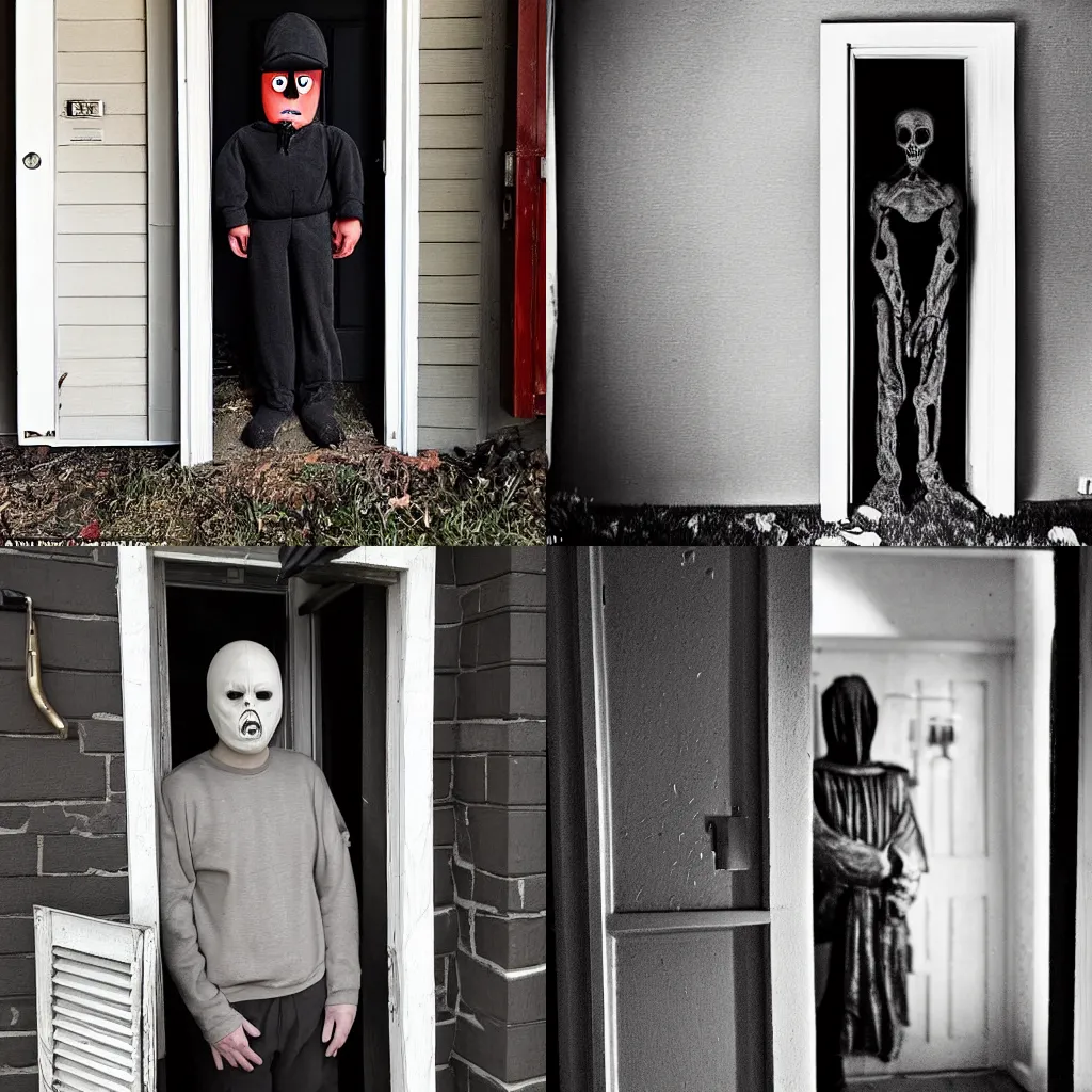 Prompt: menacing figure standing in the doorway of your home, an intruder who has invited themselves in, watching you silently, horror, terrifying, creepy
