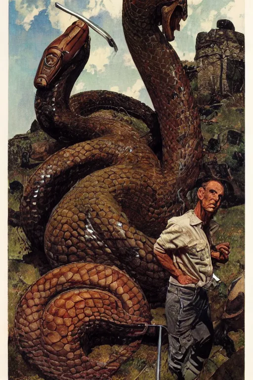 Image similar to giant serpent with human head, norman rockwell, jacob collins, tom lovell, frank schoonover, james gurney