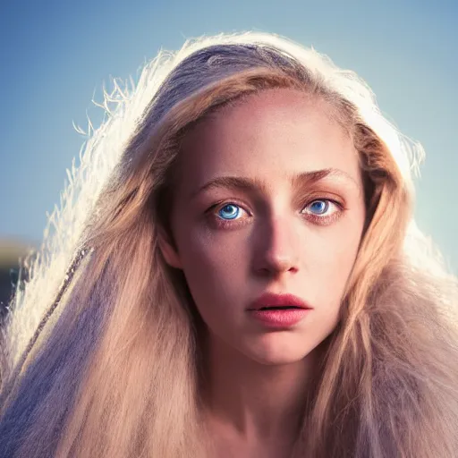 Prompt: a vivid portrait of a female with beautiful hair, light skin, and big blue eyes, soft cinematic lighting, shallow depth of field, photograph by annie leibovitz, 4k