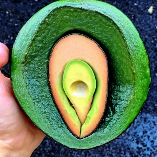 Prompt: photo of a person's face face in an avacado