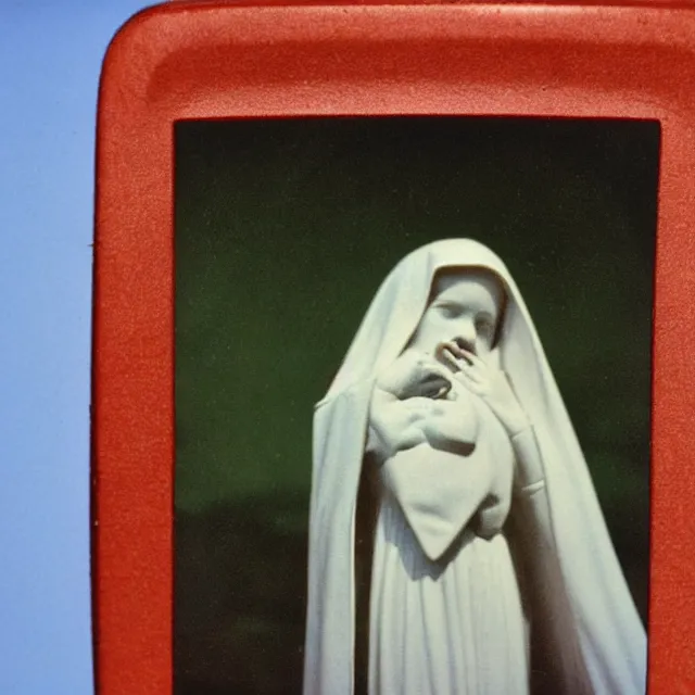 Image similar to vintage polaroid closeup of white mother mary statue crying blood, pictured slightly from below, clear sky with blue clouds in background