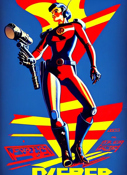 Image similar to american propaganda poster art. powerful cyberpunk pilot. portrait by jean giraud and anton otto fischer and john philip falter and will eisner and gil elvgren and pixar. full body. realistic proportions. science fiction d & d. overwatch, rb 6 s, cyberpunk 2 0 7 7, blade runner 2 0 4 9 concept art. cel shading. thick lines.