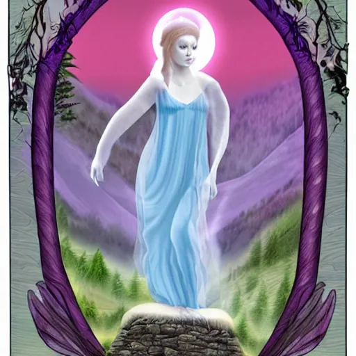 Prompt: ethereal goddess in a misty mountain valley, clipart